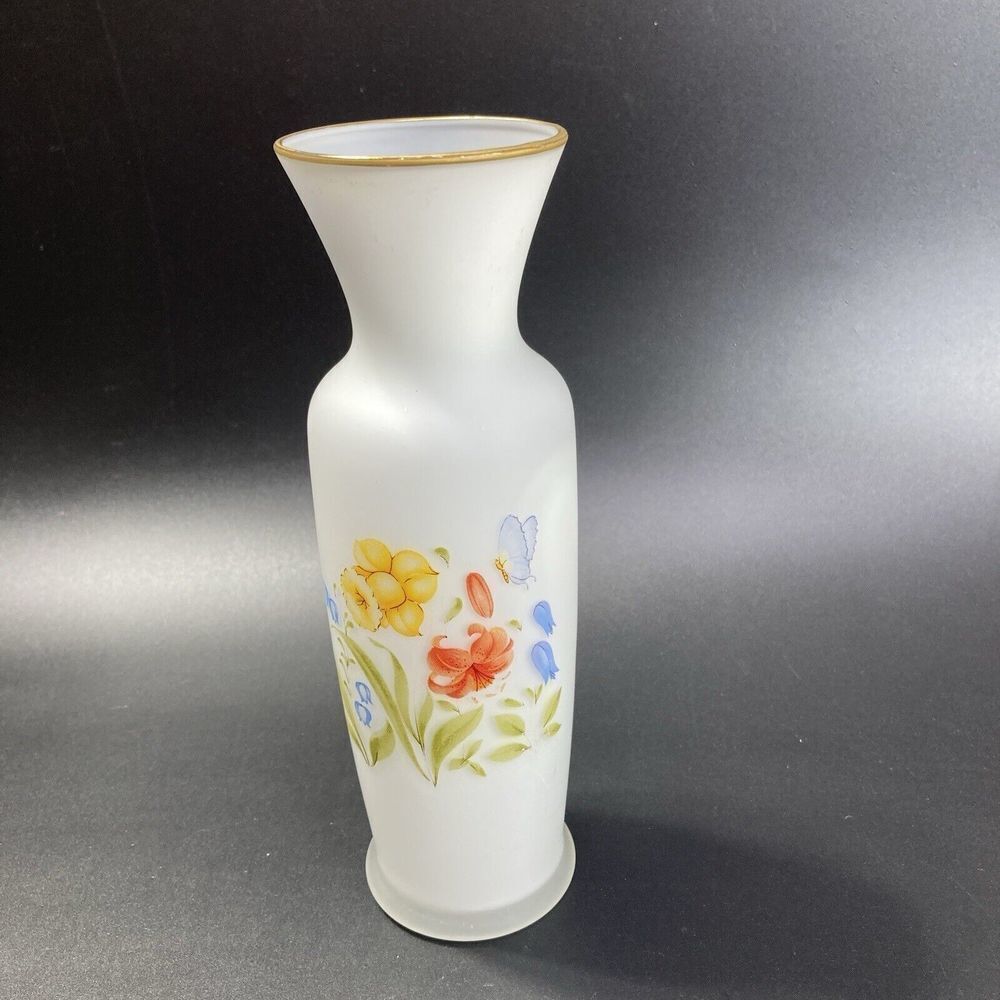 Vintage White Satin Glass Vase Butterfly Flowers Japan  Gold Trim 8" x 2.5"